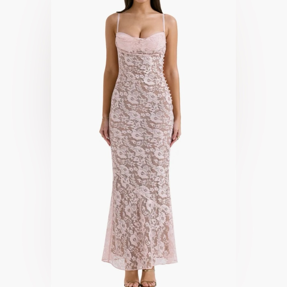 HOUSE OF CB Azzurra Rose Pink Met Lace Godet Gown
